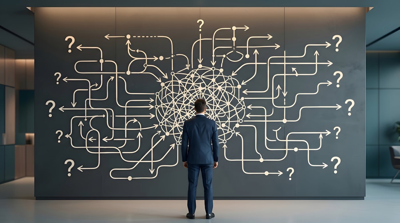 A person facing a complex network of interconnected pathways, representing the complexity of assessing an existing ATMS