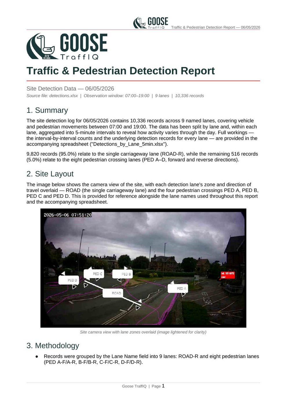 Detection report page 1 — summary and site layout