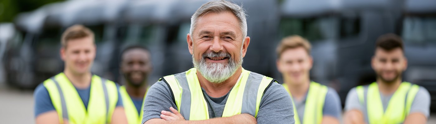 Smiling engineer in a hi-vis vest with his field team standing behind him