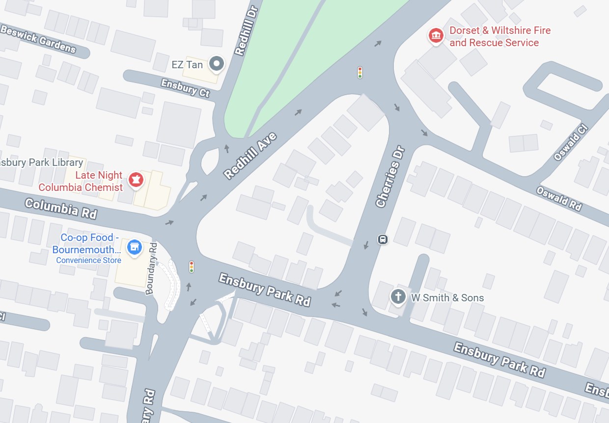 Map of the Ensbury Park gyratory junction in Bournemouth, where Cytrix Micromobility units are being deployed for LTP monitoring