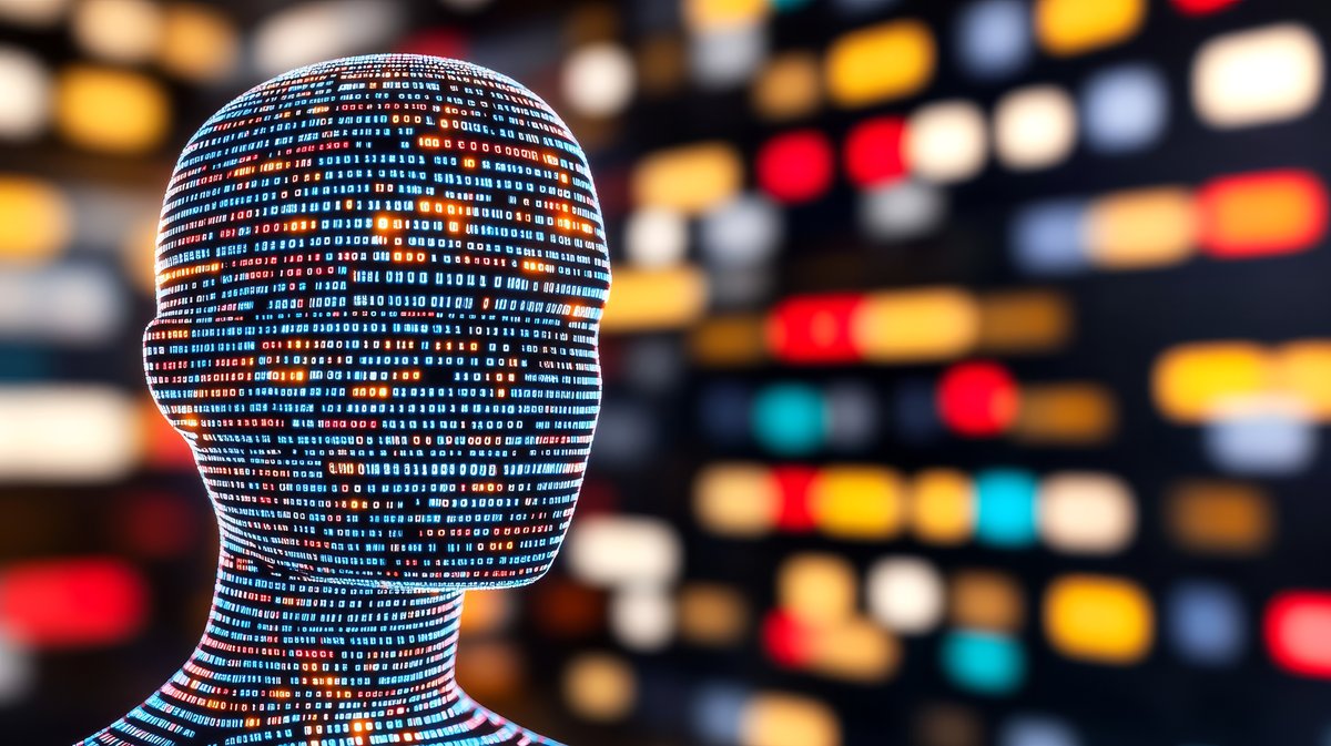 Silhouette of a human head formed from streams of data and code, representing AI-driven privacy processing